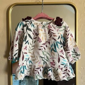 Zara Baby Cream Leaf Fall Longsleeve Dress with Shoulder Bows 9-12 Months